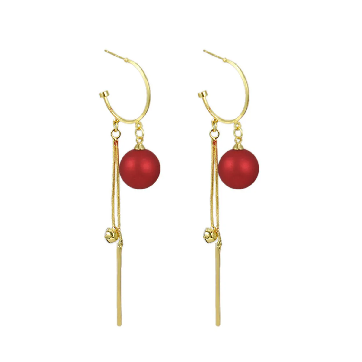 Red Pearl & Cubic Zirconia 18K Gold-Plated Ball Bar Tassel Huggie Earrings