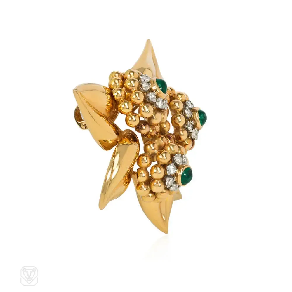 Retro French gold, emerald, and diamond foliate motif brooch