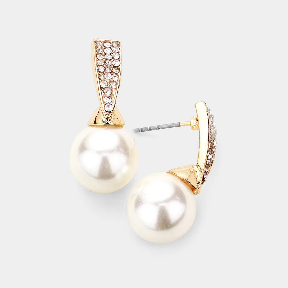 Rhinestone Embellished Cream Pearl Wedding Earrings on Gold| Bridal Jewelry | 489030