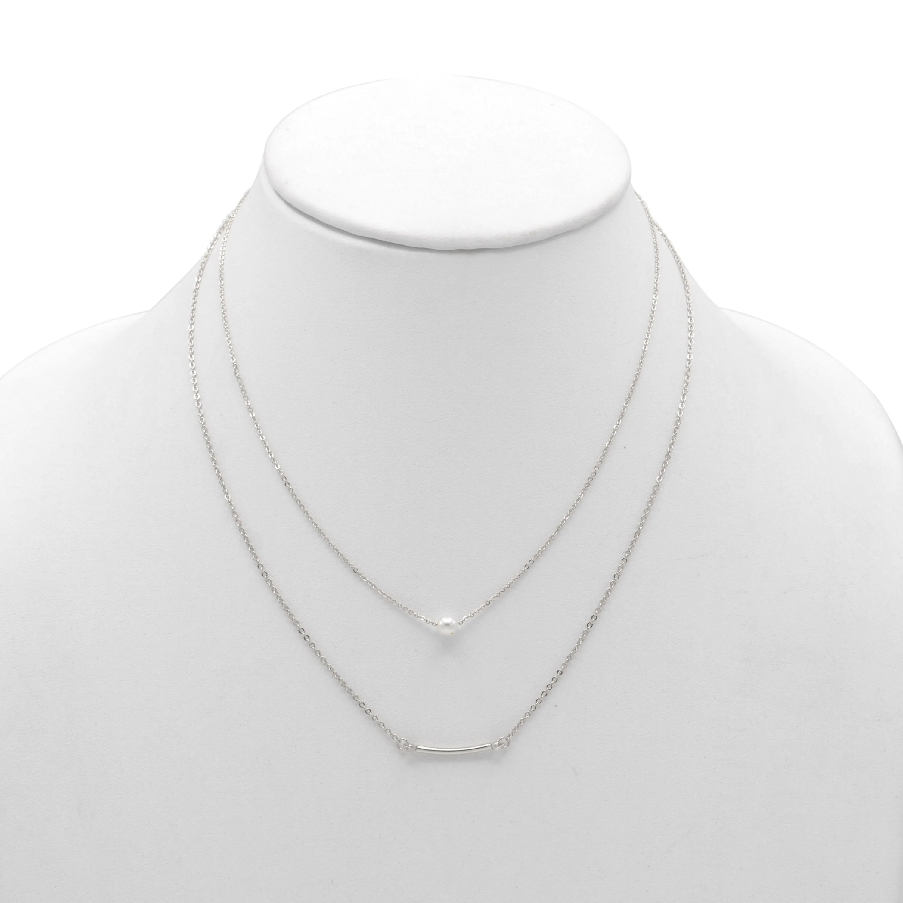 RHODIUM BAR AND PEARL2 ROW LAYER NECKLACE#N19505RH (SB6)