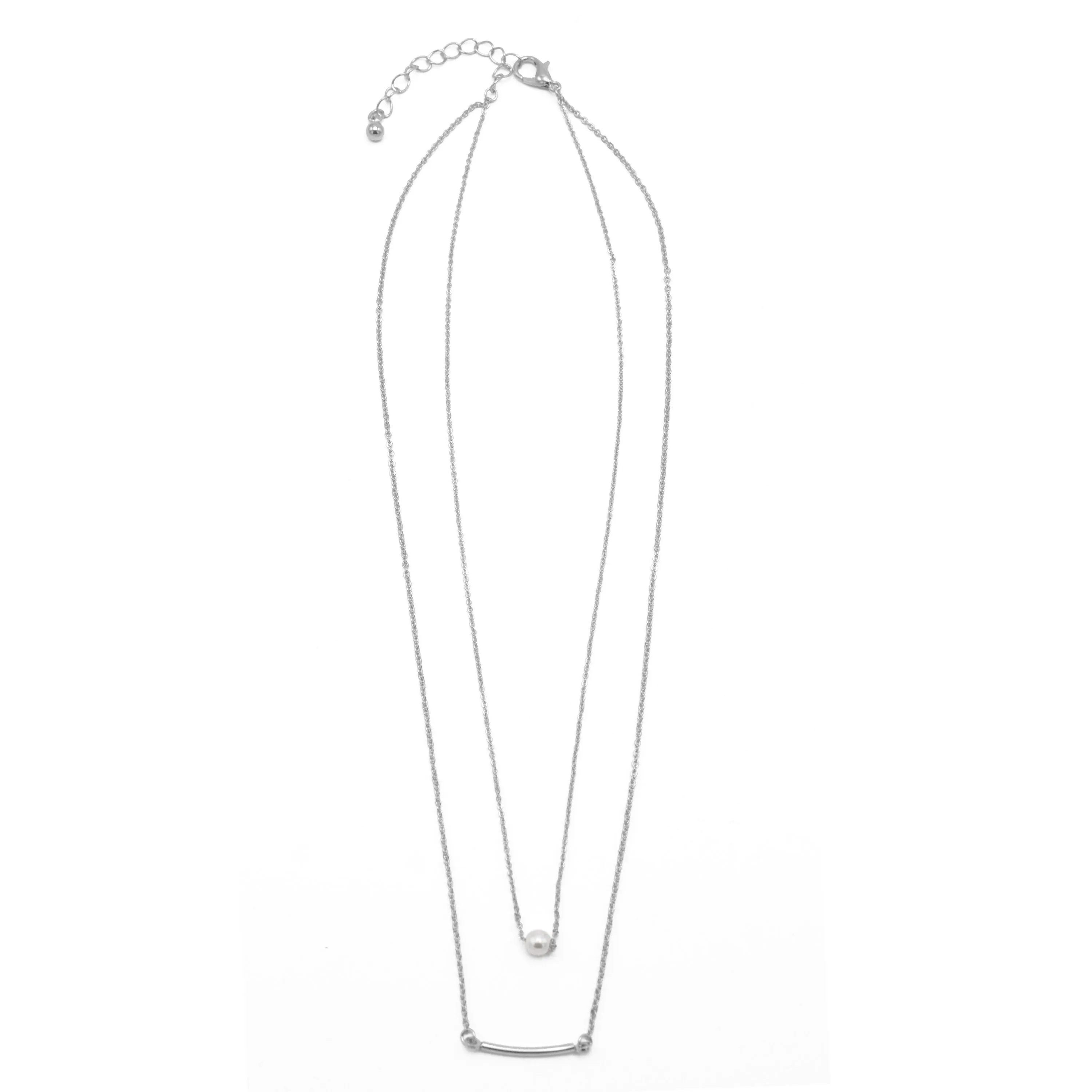 RHODIUM BAR AND PEARL2 ROW LAYER NECKLACE#N19505RH (SB6)