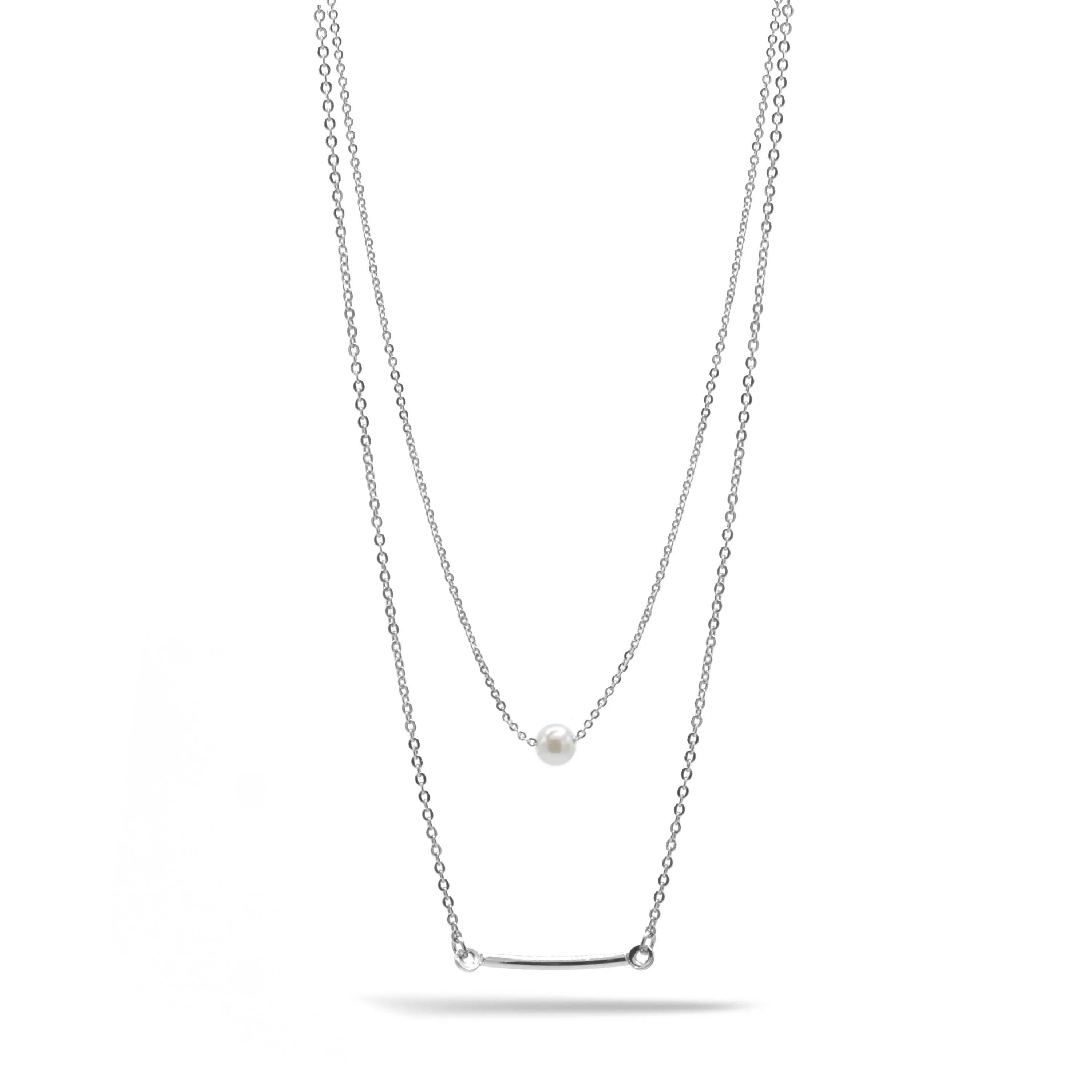 RHODIUM BAR AND PEARL2 ROW LAYER NECKLACE#N19505RH (SB6)