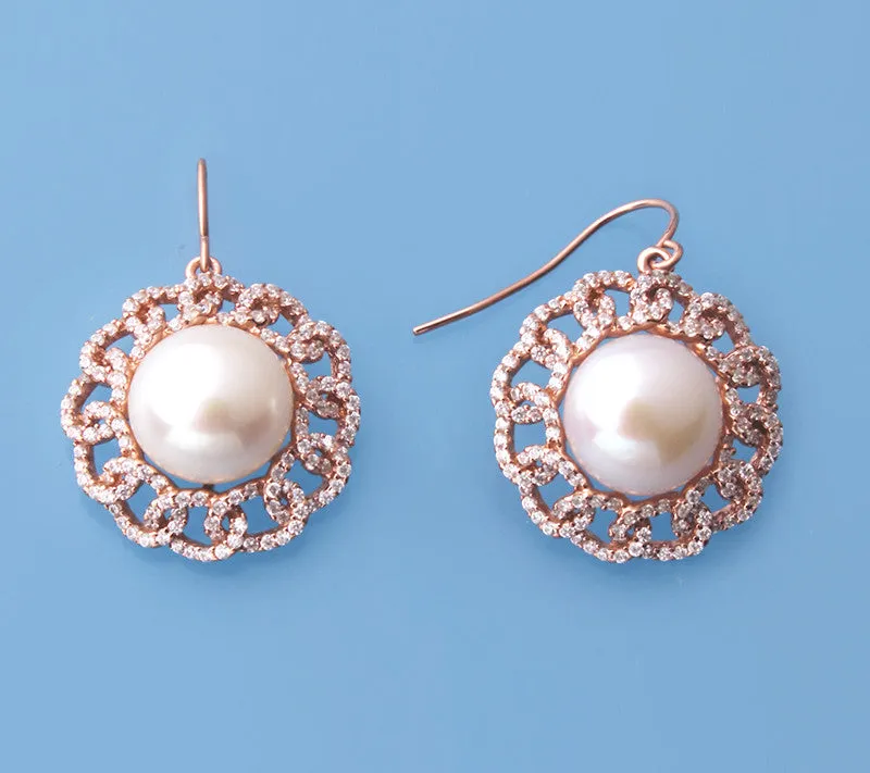 Rose Gold Plated Silver Earrings with 11.5-12mm Button Shape Freshwater Pearl and Cubic Zirconia