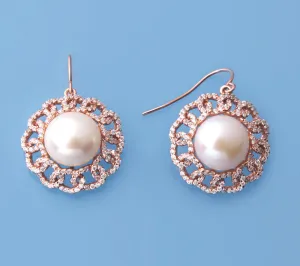 Rose Gold Plated Silver Earrings with 11.5-12mm Button Shape Freshwater Pearl and Cubic Zirconia