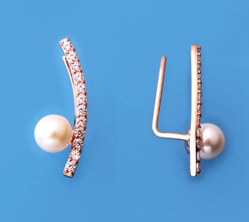 Rose Gold Plated Silver Earrings with 5.5-6mm Round Shape Freshwater Pearl and Cubic Zirconia