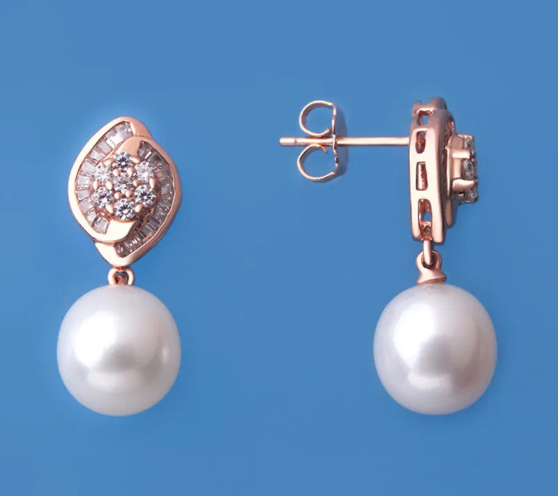 Rose Gold Plated Silver Earrings with 9.5-10mm Drop Shape Freshwater Pearl and Cubic Zirconia