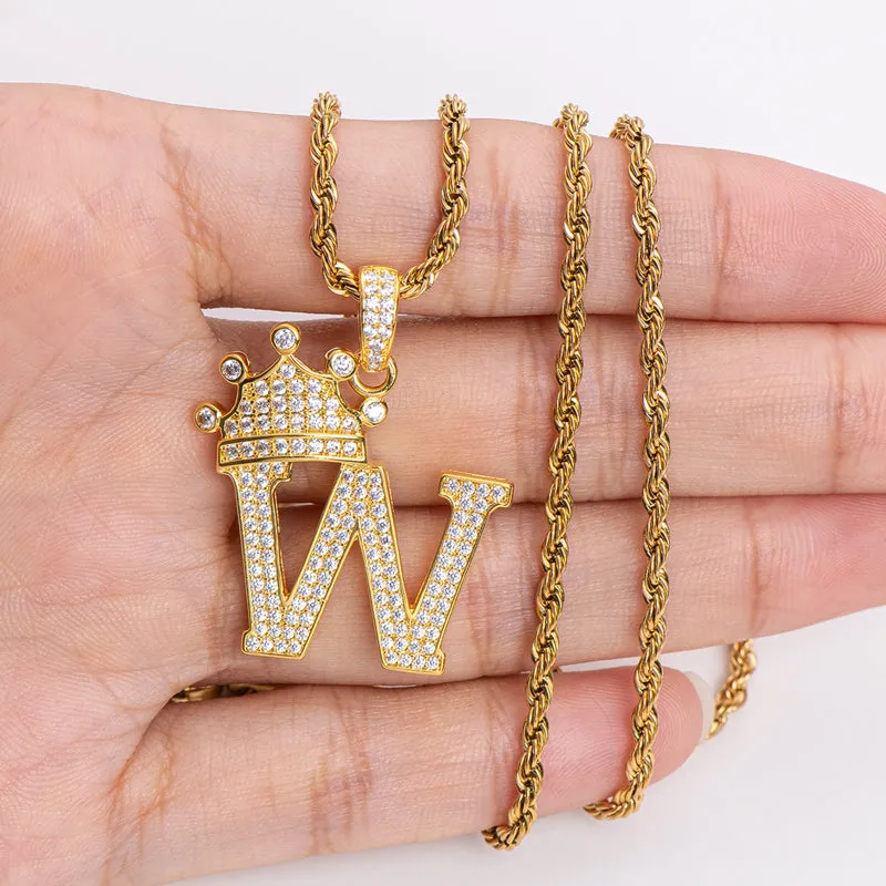 Round Cut Created Diamond Hip Hop Micro Pave The Letter W Pendant Necklace