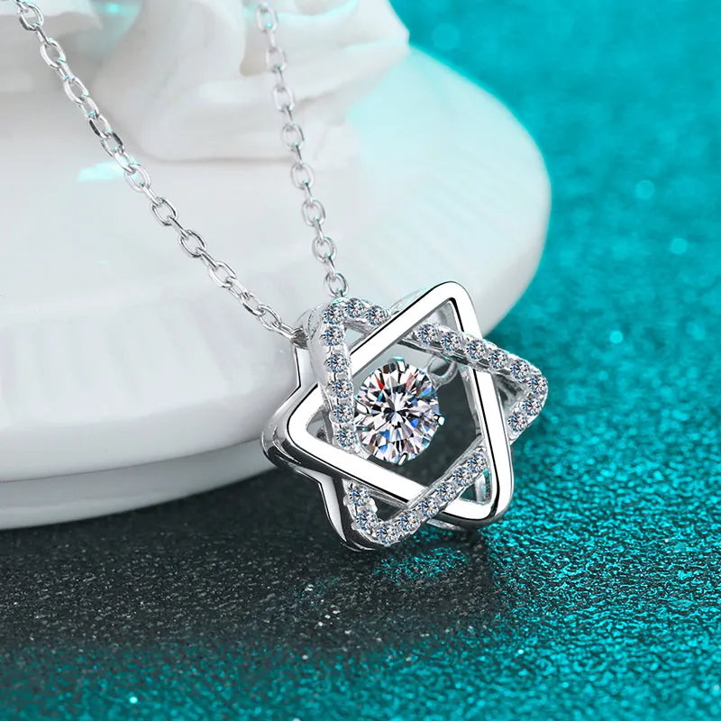 Round Cut Moissanite Diamond Hexagonal Star Pendant Necklace