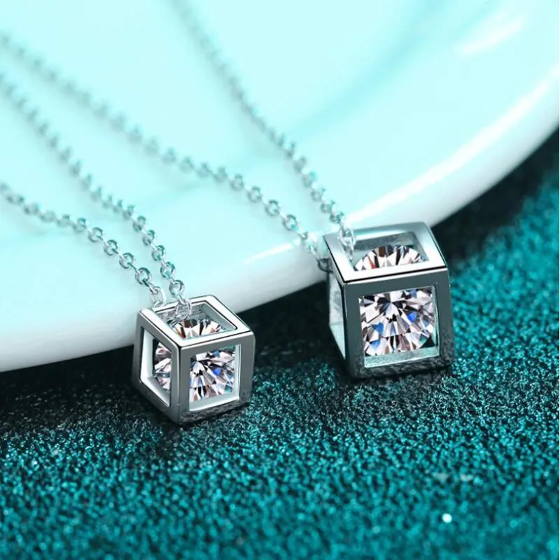 Round Cut Moissanite Diamond Square Box Pendant Necklace