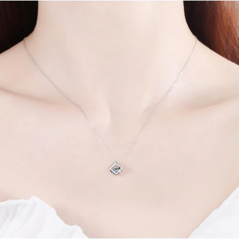 Round Cut Moissanite Diamond Square Box Pendant Necklace