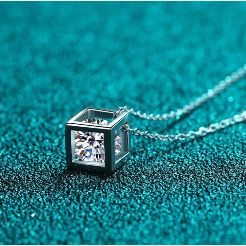 Round Cut Moissanite Diamond Square Box Pendant Necklace