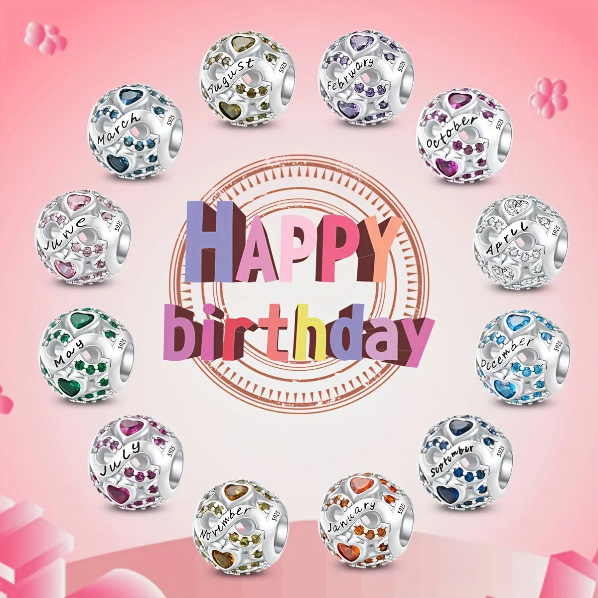 S925 Silver Birthstone Bead Pendant for Bracelets DIY Jewelry