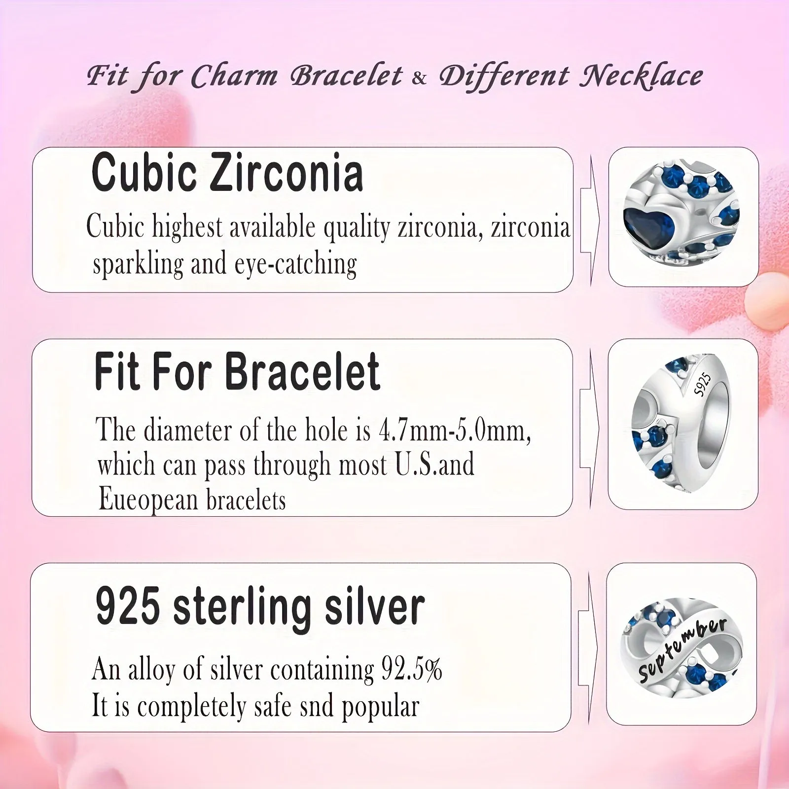 S925 Silver Birthstone Bead Pendant for Bracelets DIY Jewelry