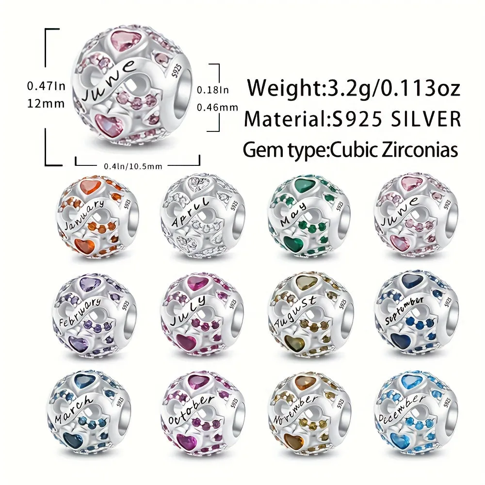 S925 Silver Birthstone Bead Pendant for Bracelets DIY Jewelry
