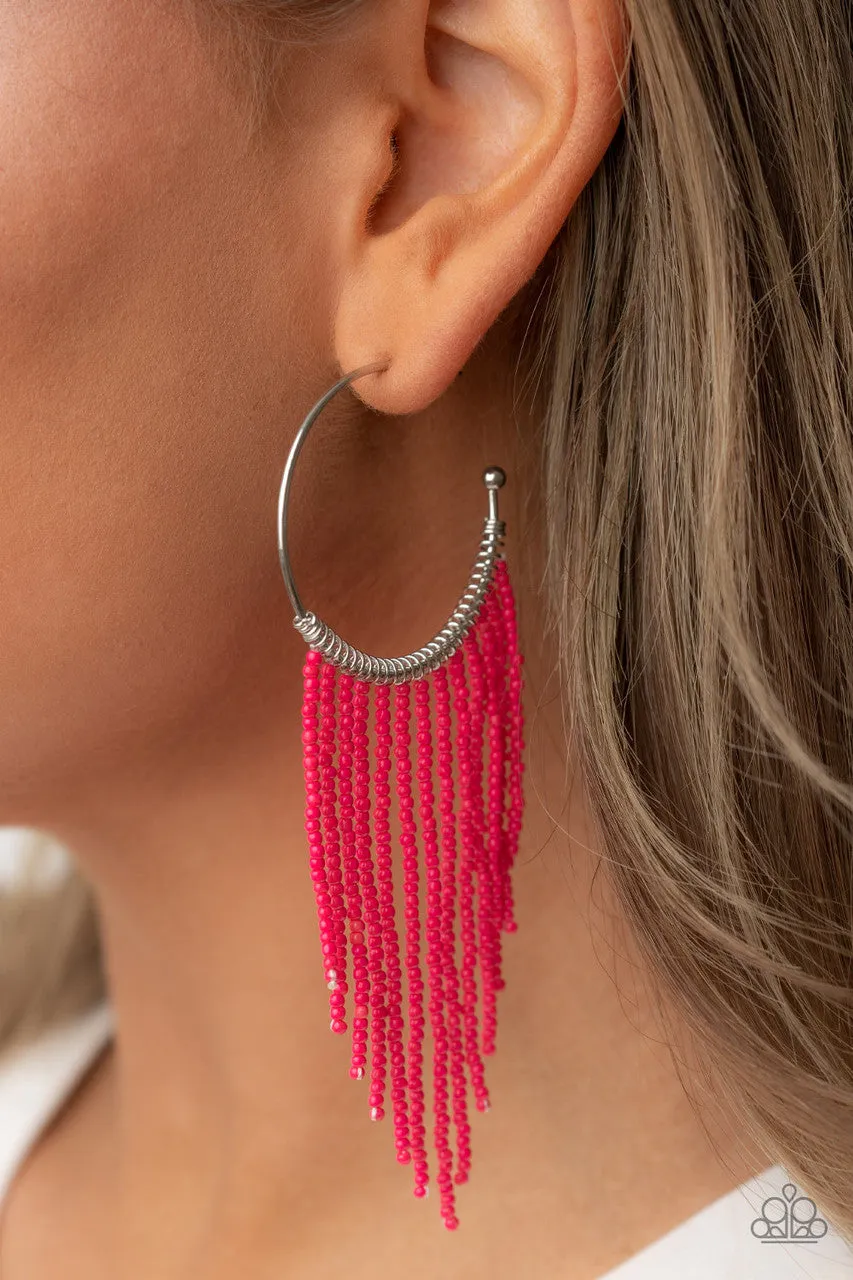 Saguaro Breeze - Pink - Seed Bead Fringe Paparazzi Hoop Earrings