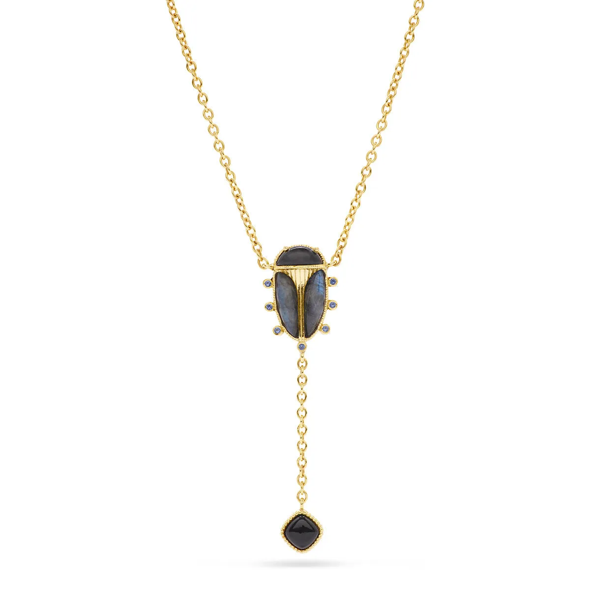 Scarab Lariat Necklace, 18" 2" - Blue Labradorite/Black Agate