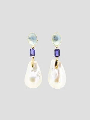 Seafood Earrings Pearl, Aquamarine, Iolit