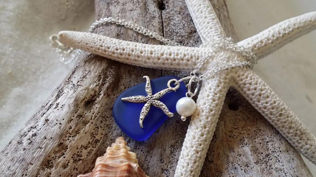 September Birthstone, Cobalt/Sapphire blue sea glass necklace,Sea star charm , Fresh water  pearl,
