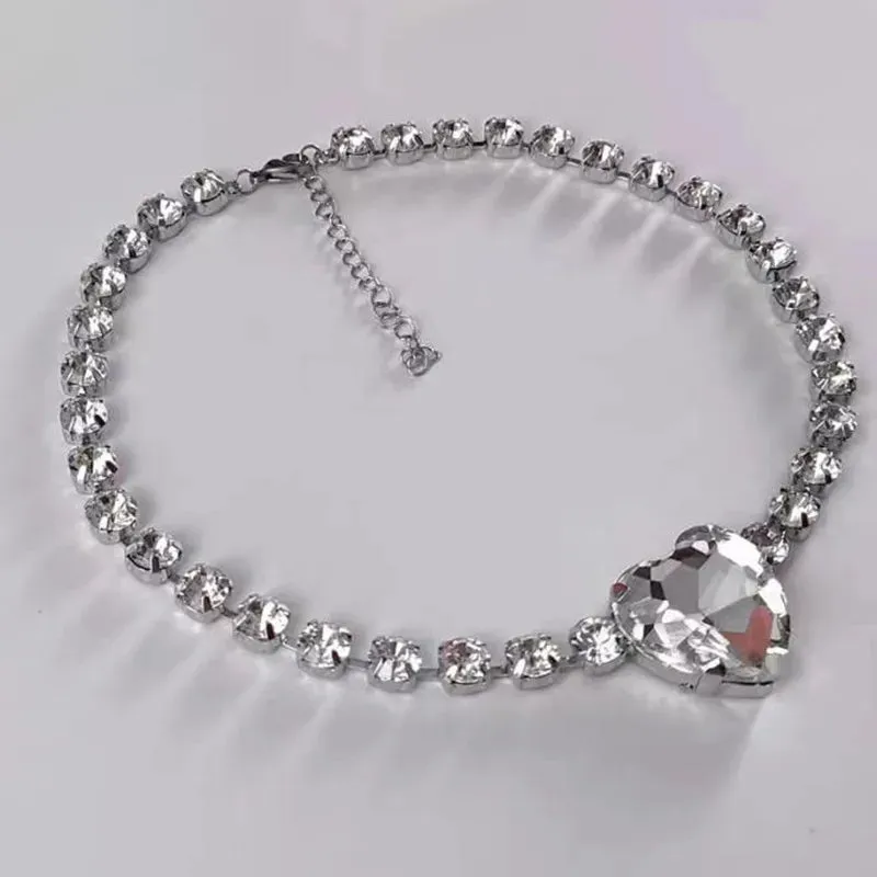 Shine Big Heart Crystal Choker Necklaces for Women Geometric Rhinestones Necklaces Statement Jewelry Party Gifts