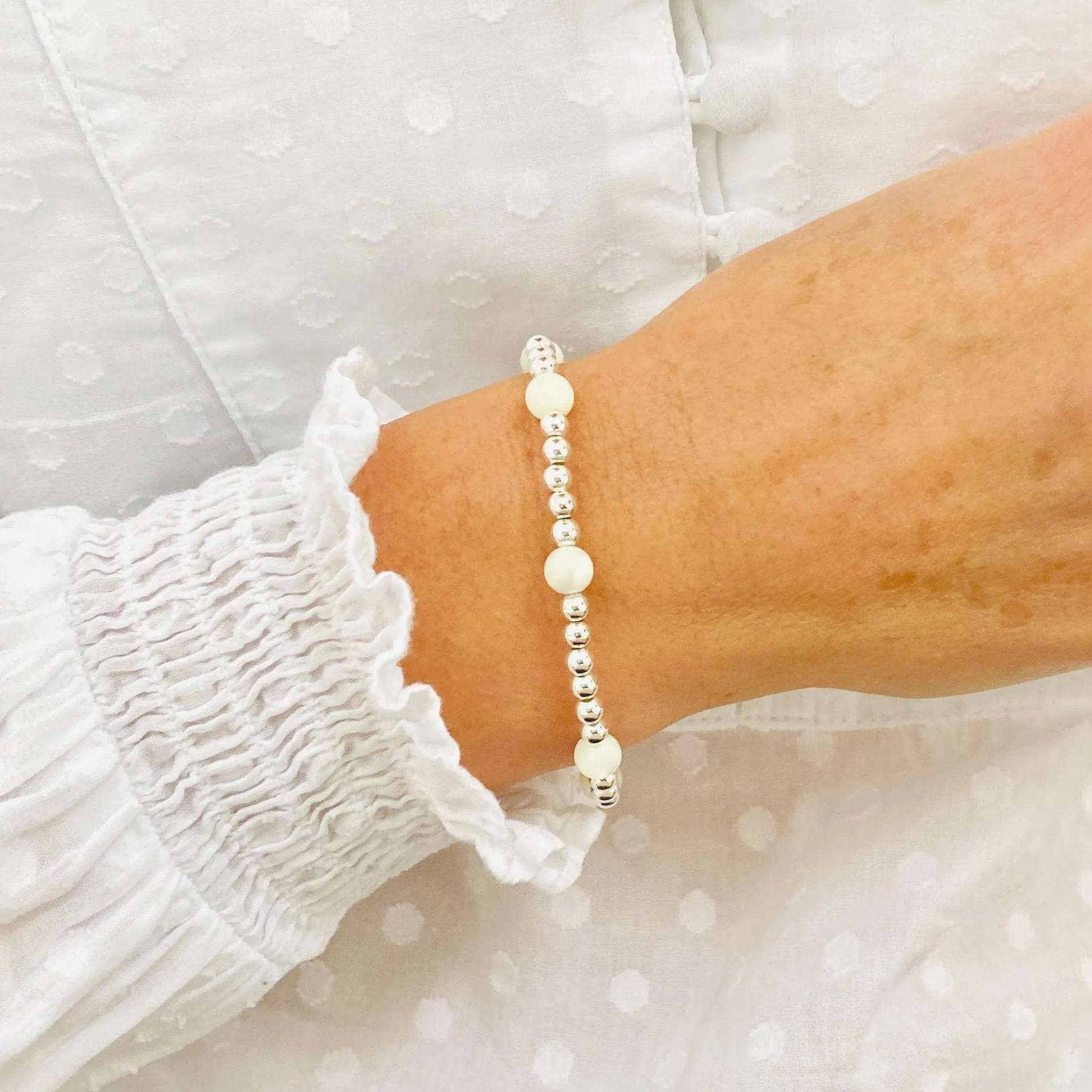 Silver Bead and Mother of Pearl Gemstone Bracelet