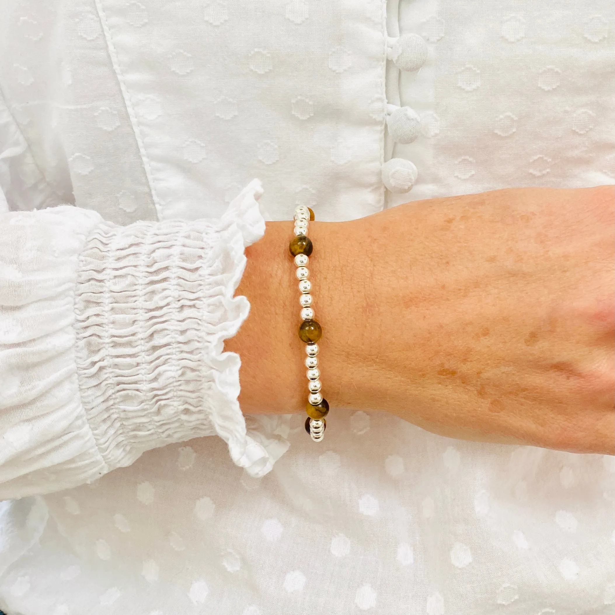 Silver Bead and Tiger Eye Gemstone Bracelet