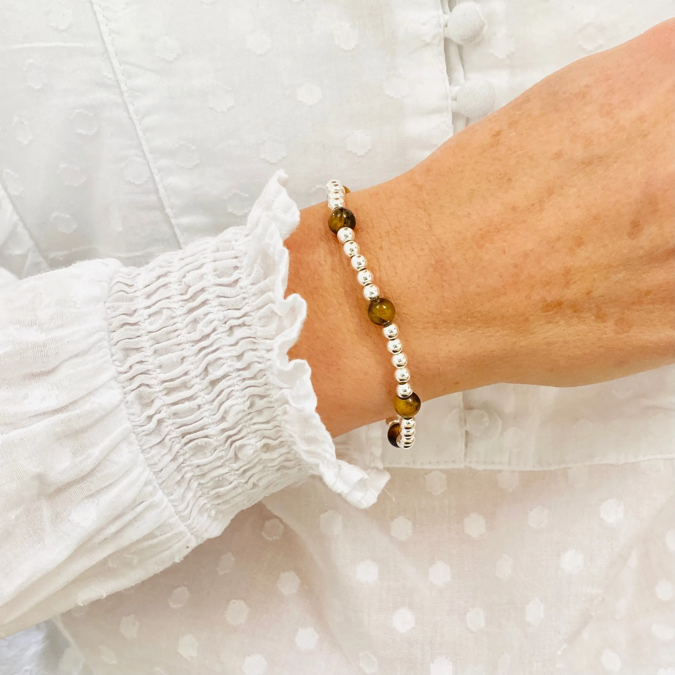 Silver Bead and Tiger Eye Gemstone Bracelet