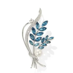 Silver Blue White Freshwater Pearl & Crystal Floral Bouquet Brooch