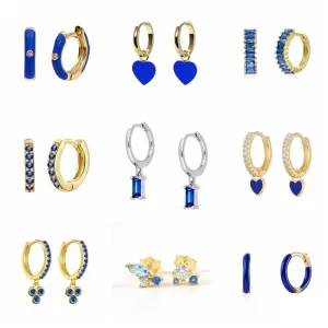 Silver Color Blue Crystal Series Hoop Earrings For Women Fashion Enamel Dripping Oil Heart Charm Piercing Party Earrings