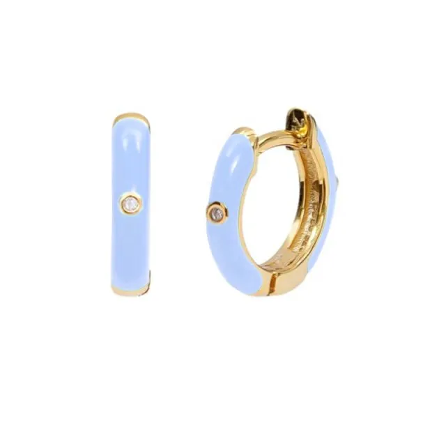 Silver Color Blue Crystal Series Hoop Earrings For Women Fashion Enamel Dripping Oil Heart Charm Piercing Party Earrings