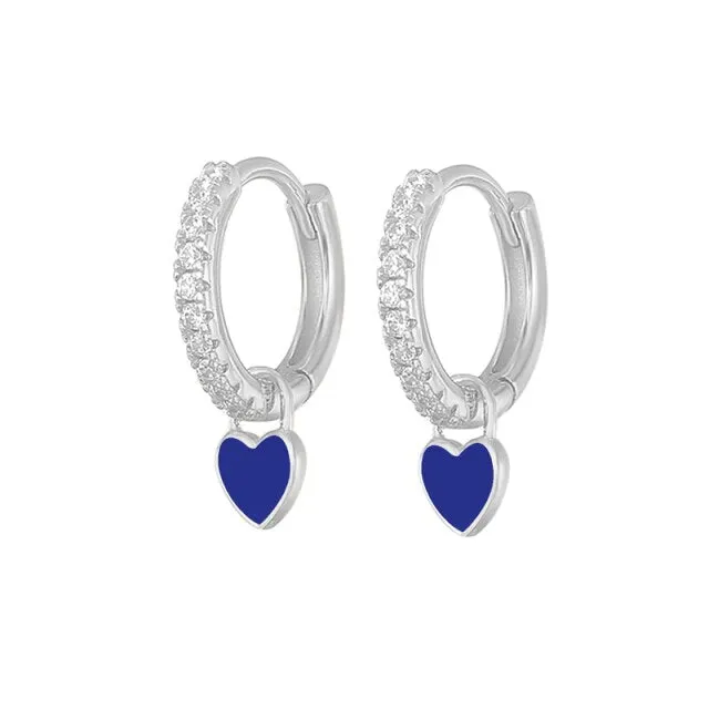 Silver Color Blue Crystal Series Hoop Earrings For Women Fashion Enamel Dripping Oil Heart Charm Piercing Party Earrings