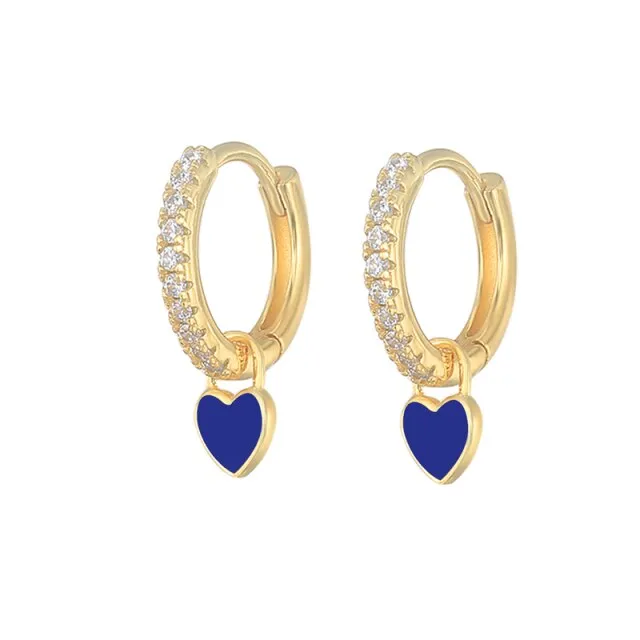 Silver Color Blue Crystal Series Hoop Earrings For Women Fashion Enamel Dripping Oil Heart Charm Piercing Party Earrings