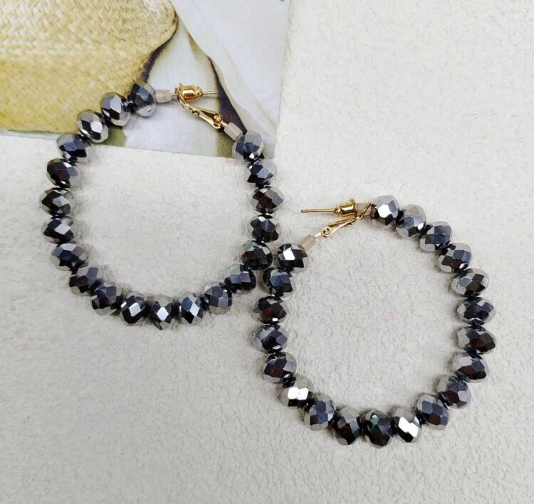 Silver Crystal Bead Hoop Earrings