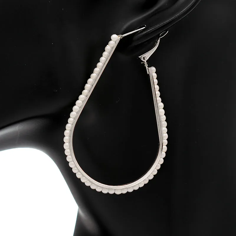 Silver Faux Pearl Teardrop Hoop Earrings