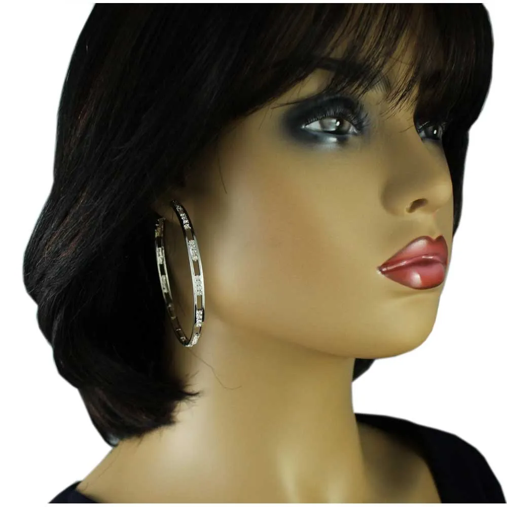 Silver-tone Crystal Cutout Large Hoop Pierced Earring - REC032