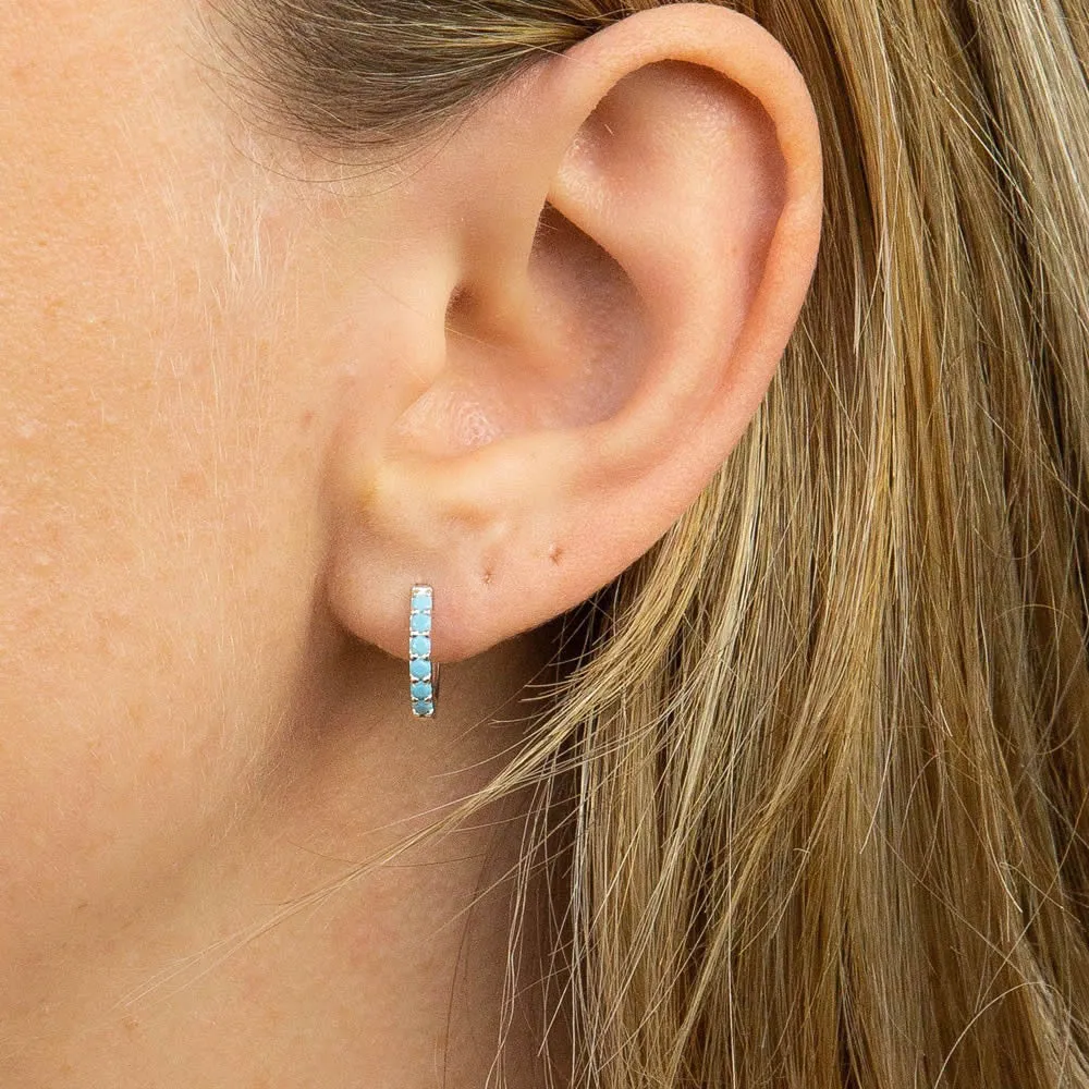Silver Turquoise Crystal Huggie Hoop Earrings