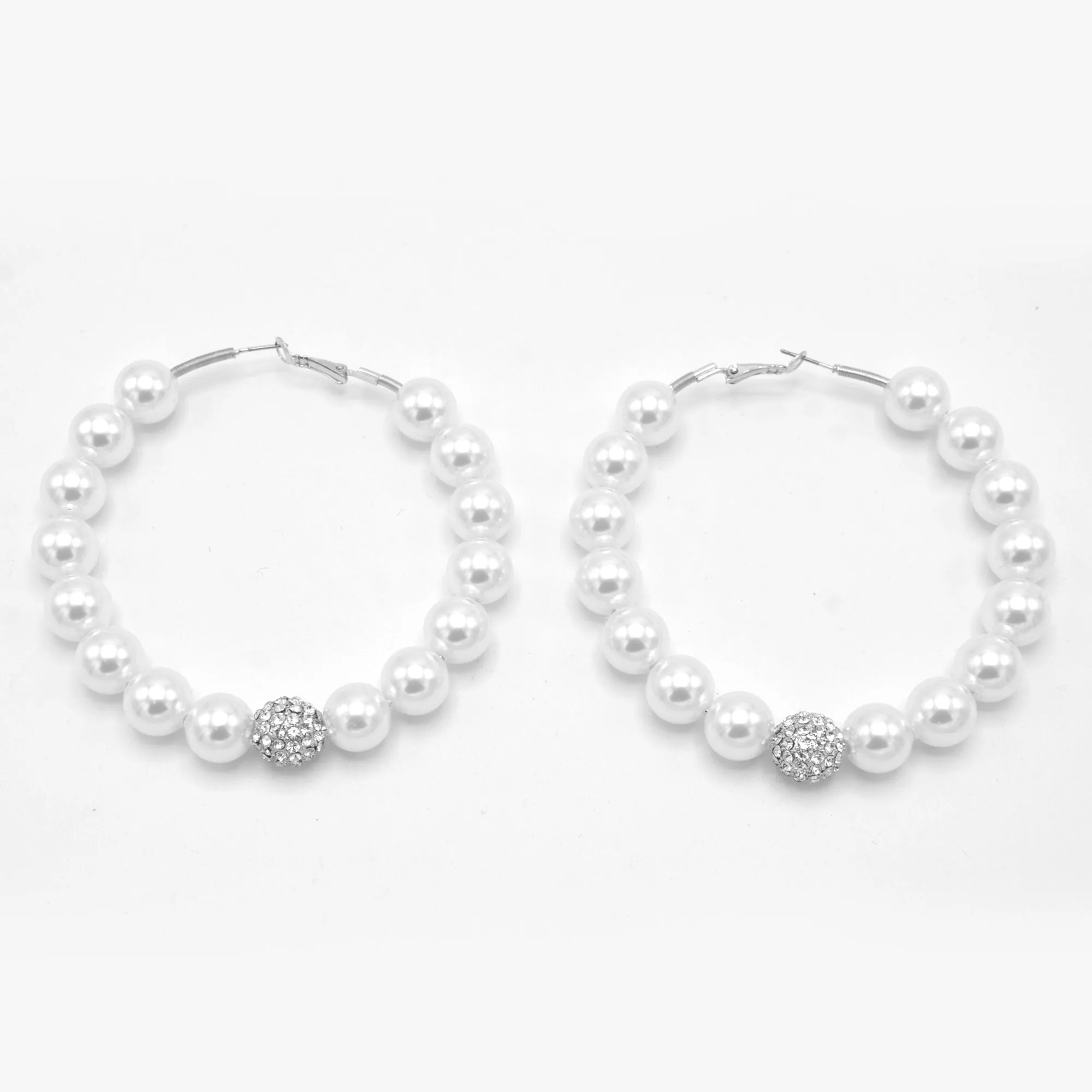 SILVER WHITE PEARL AND CRYSTAL PAVE BALL HOOP EARRINGS # HNE90689RD(IF24)