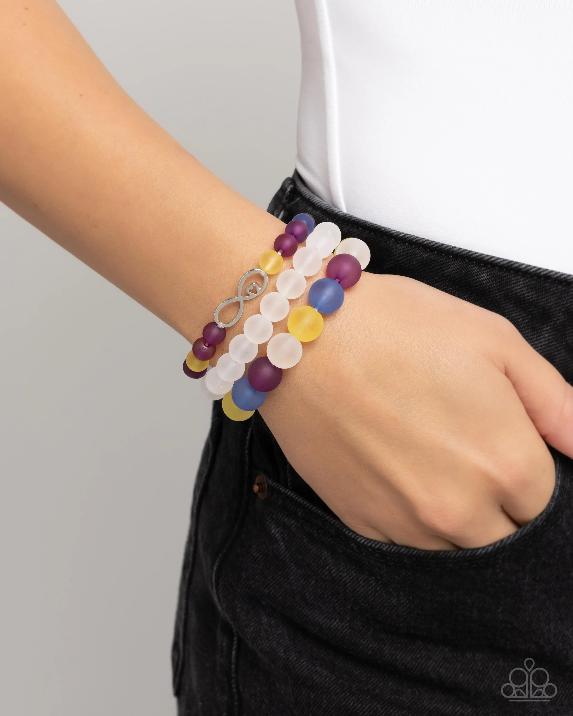 Simplistic Stack - Purple - Blue, Yellow, and White Bead Silver Infinity and Heart Paparazzi Stretchy Bracelet