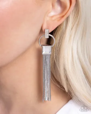 Softly Streamlined - White - Rhinestone Silver Chain Tassel Paparazzi Post Earrings