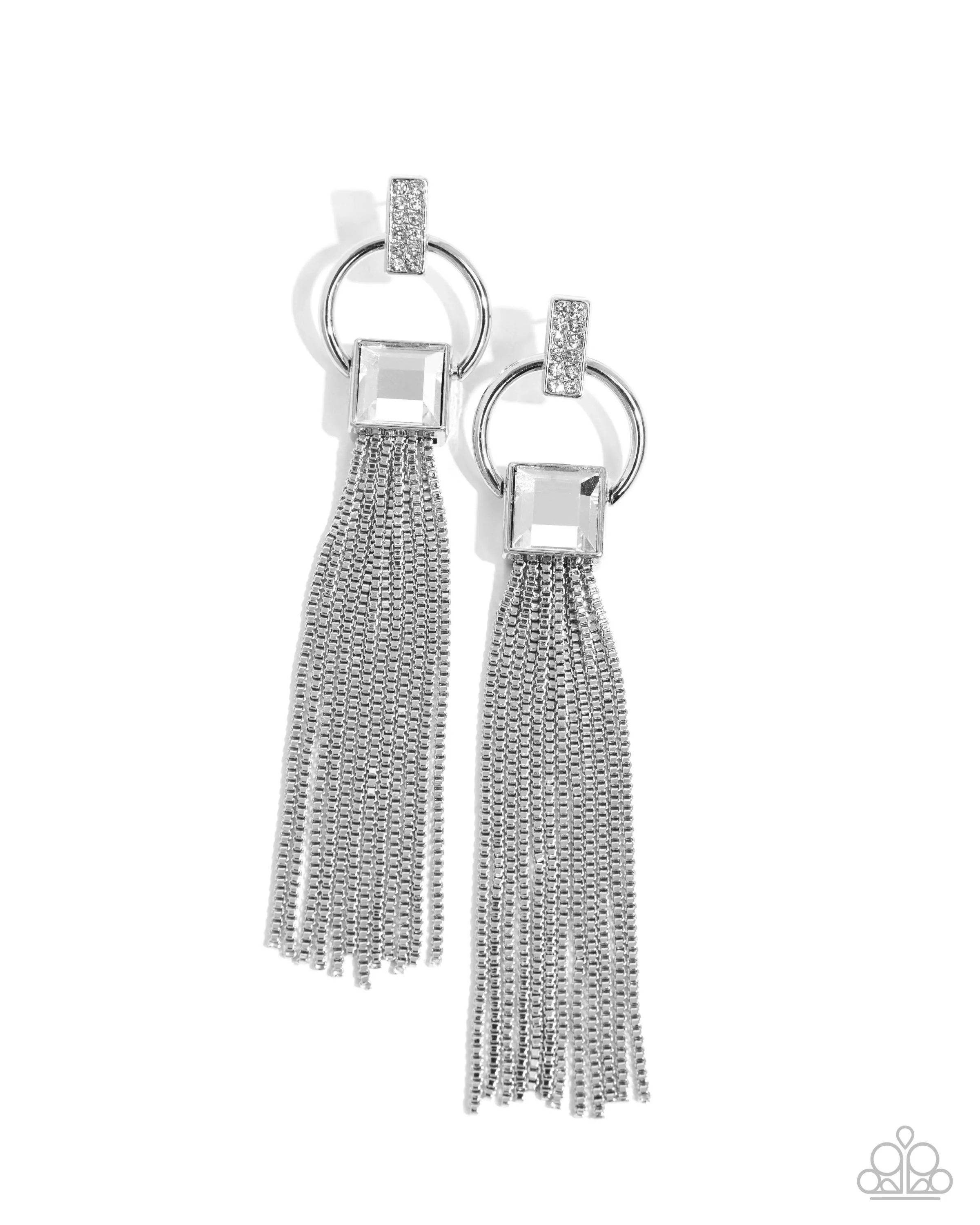 Softly Streamlined - White - Rhinestone Silver Chain Tassel Paparazzi Post Earrings