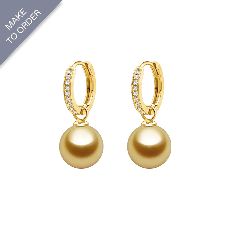 South Sea Golden Pearl 18K Gold Round Diamonds Earrings