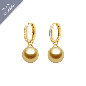 South Sea Golden Pearl 18K Gold Round Diamonds Earrings
