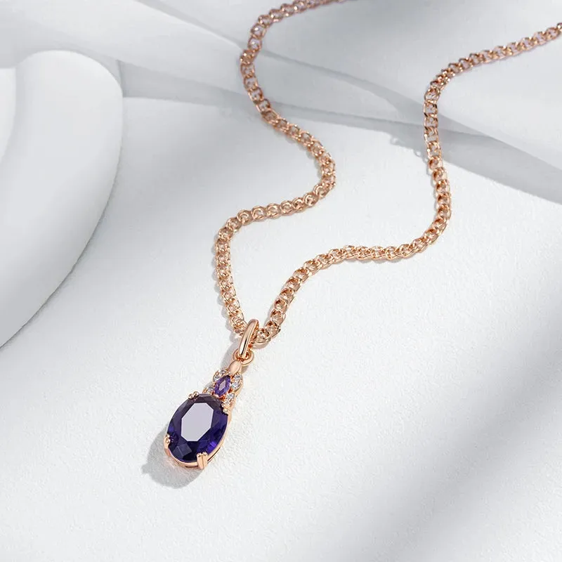 Sparkling Purple Oval Zircon Pendant Necklace – Rose Gold Vintage Jewelry for Women