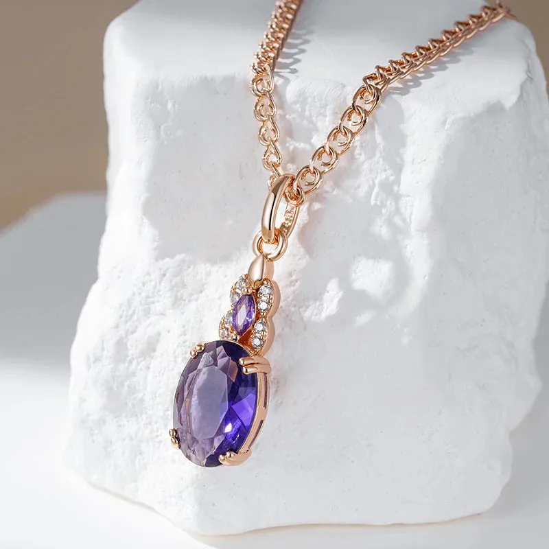 Sparkling Purple Oval Zircon Pendant Necklace – Rose Gold Vintage Jewelry for Women