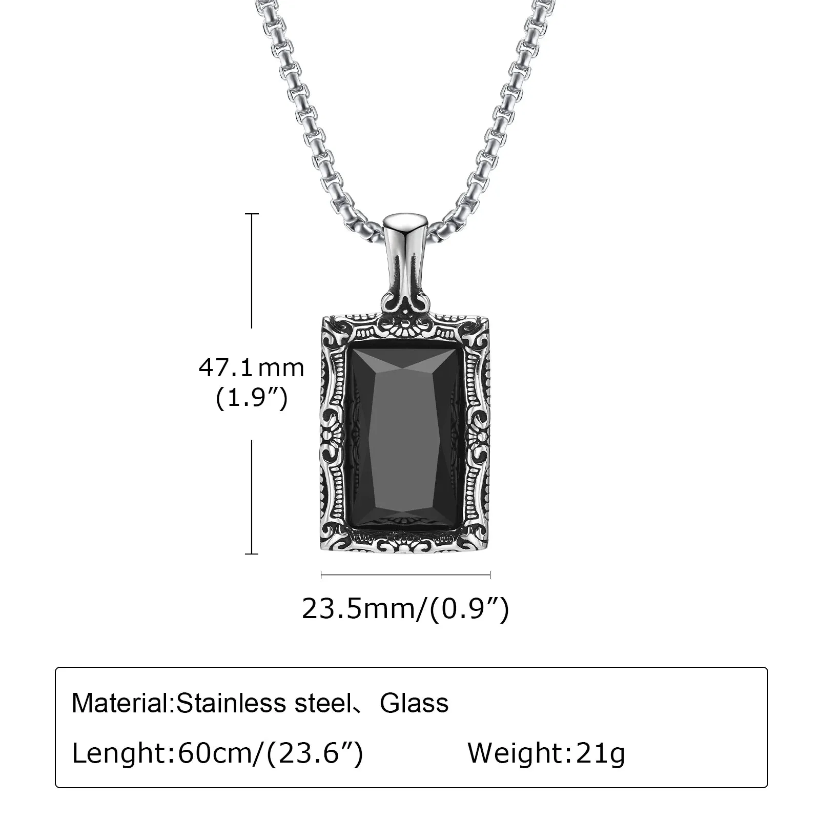 Square Black Stone Necklaces for Men, Retro Stainless Steel Minimalist Geometric Pendant