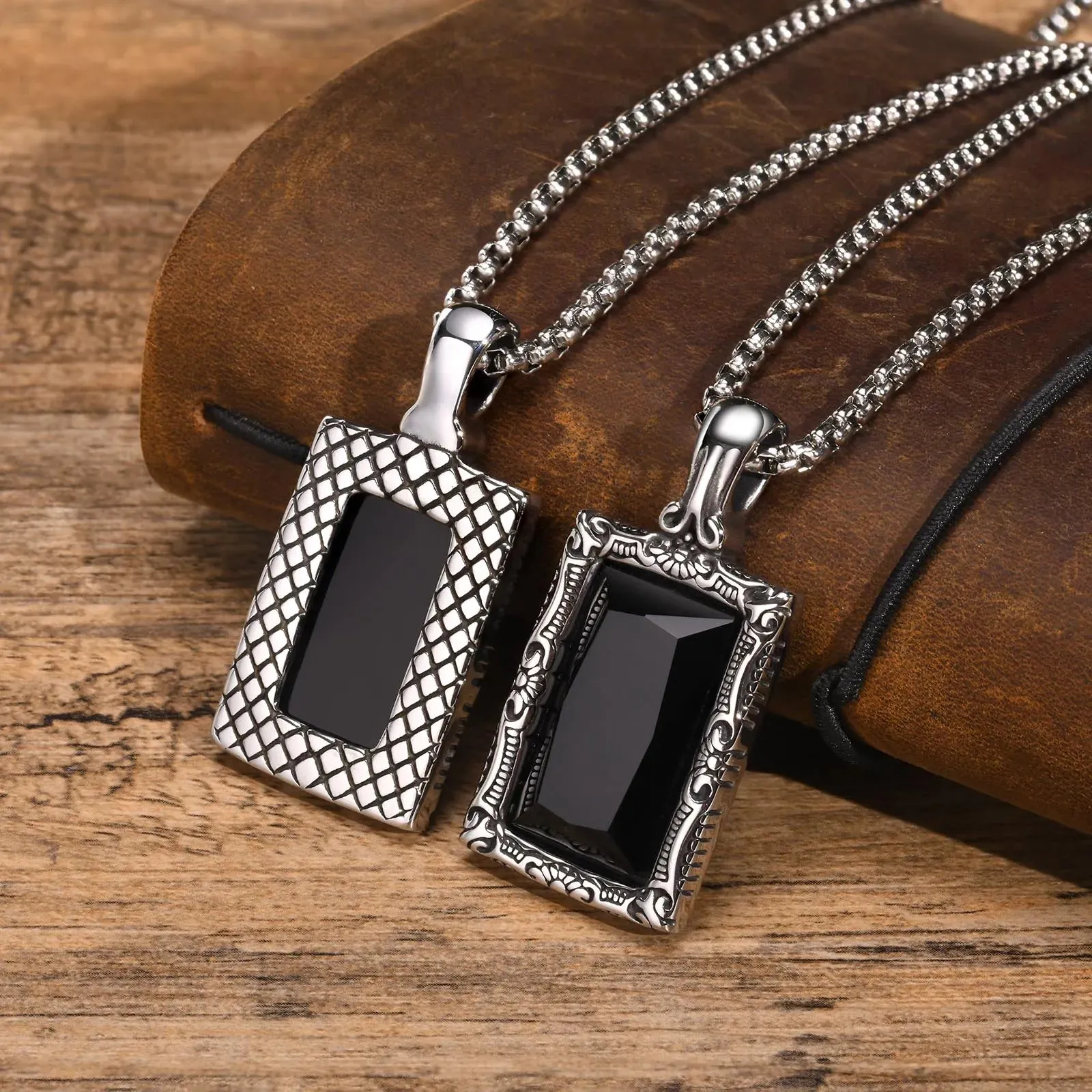 Square Black Stone Necklaces for Men, Retro Stainless Steel Minimalist Geometric Pendant
