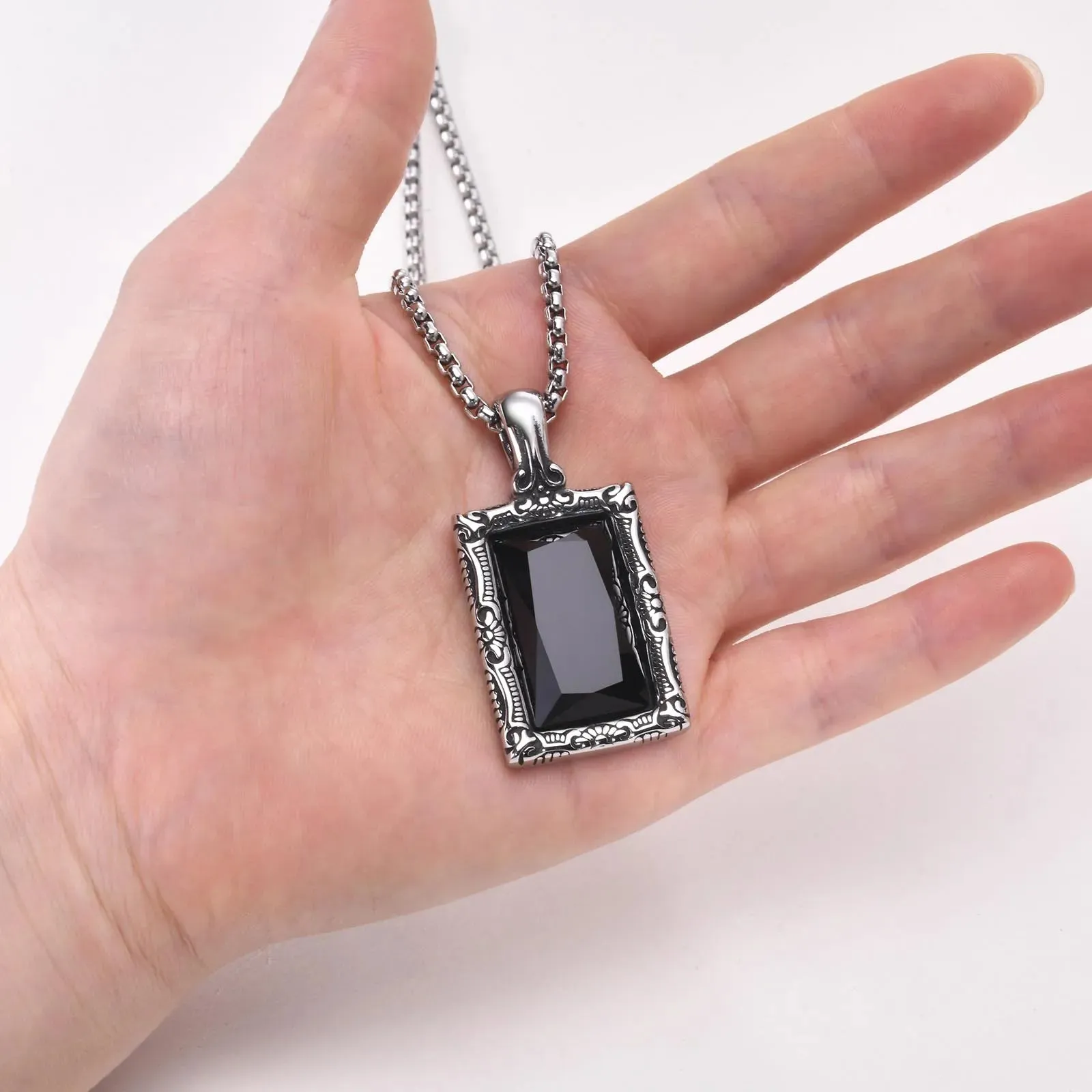 Square Black Stone Necklaces for Men, Retro Stainless Steel Minimalist Geometric Pendant