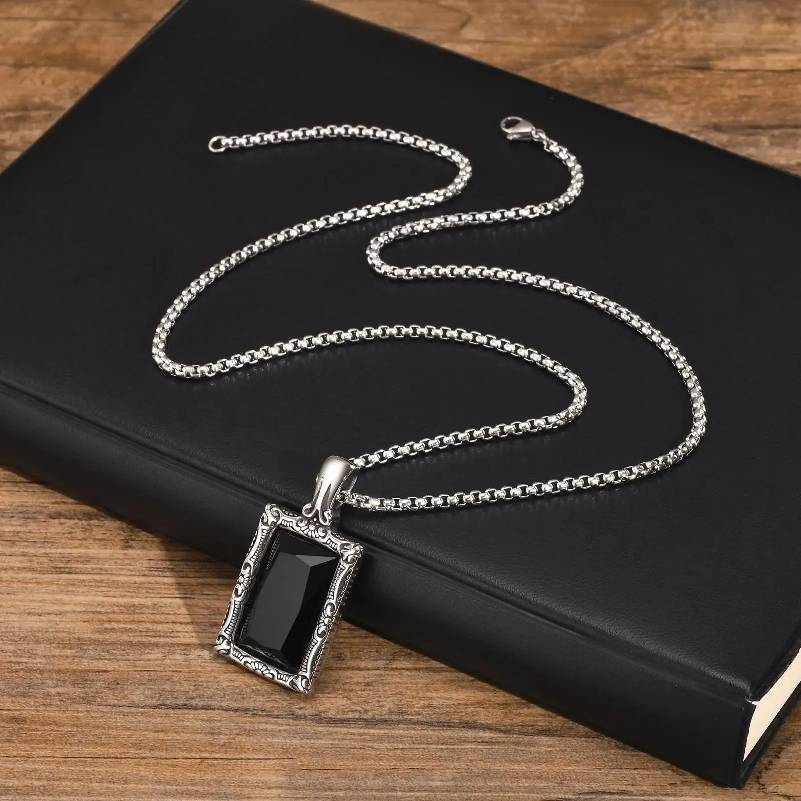 Square Black Stone Necklaces for Men, Retro Stainless Steel Minimalist Geometric Pendant