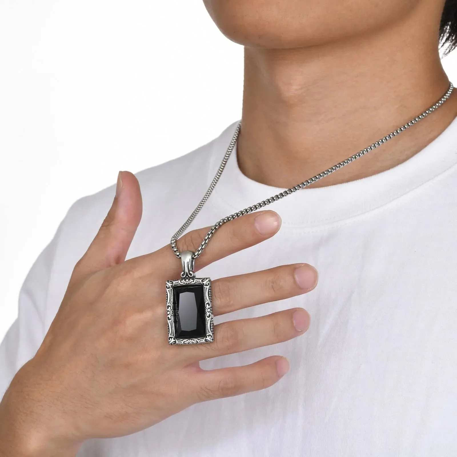 Square Black Stone Necklaces for Men, Retro Stainless Steel Minimalist Geometric Pendant
