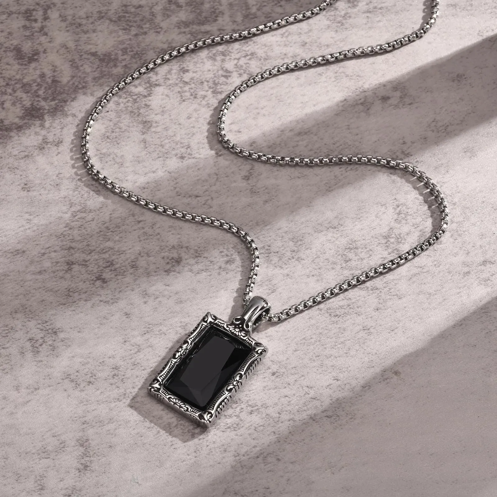 Square Black Stone Necklaces for Men, Retro Stainless Steel Minimalist Geometric Pendant