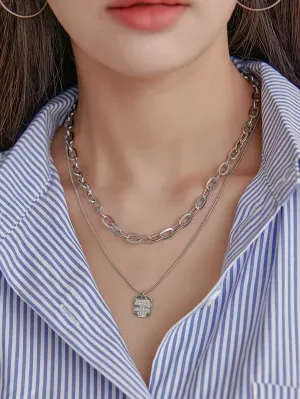 Square Charm Layered Necklace  - Silver - FD ⚡